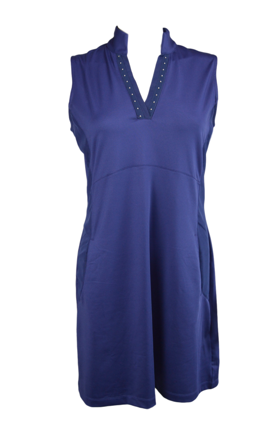 EP NY Sleeveless Dress in Inky Blue with Stud Tape Trim | SPF 50