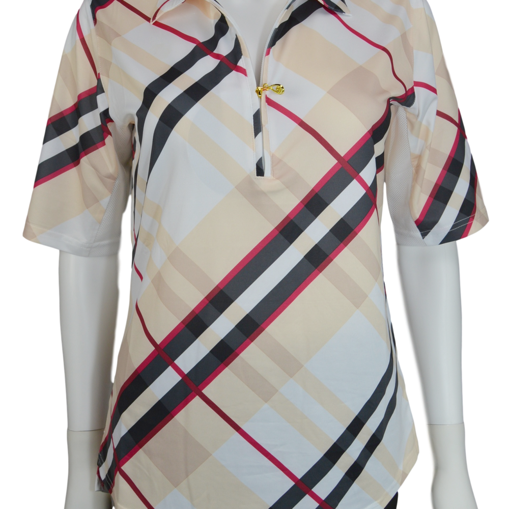 SanSoleil Short Sleeve Print Zip Polo 900467 Highlands Tan | SPF 50