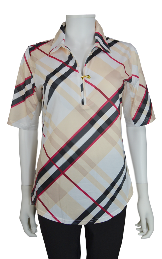 SanSoleil Short Sleeve Print Zip Polo 900467 Highlands Tan | SPF 50