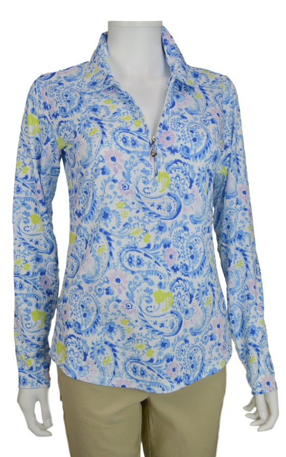 SanSoleil SolTek Print Zip Mock. 900610 Savannah Blue | SPF 50