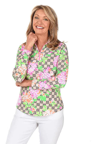 Gottex   Long Sleeve Zip Mock Neck - G L Blooms - Taupe / Pink