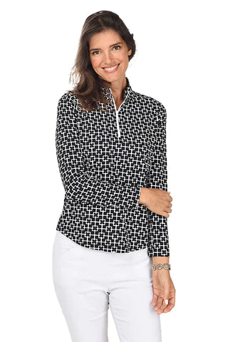 Gottex  Mock  Zip Neck  L/S Mock Tunic - Tonal Tiles   Black/ White