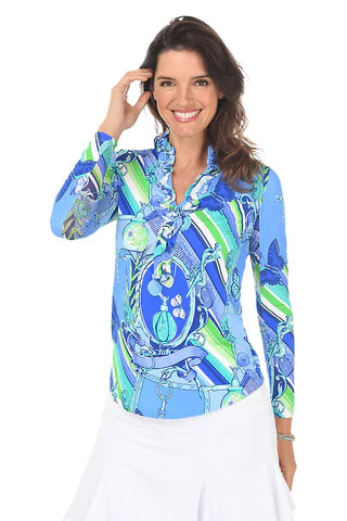 Gottex  Mock  Zip Neck  L/S Sun Shirt -MAKING SCENTS Blue Tonal