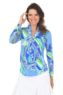  Gottex  Mock  Zip Neck  L/S Sun Shirt -MAKING SCENTS Blue Tonal