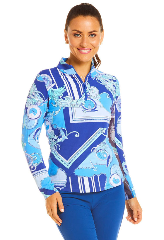 Ibkul Icifil Long Sleeve Sun Shirt: Time Out  Navy/Blue  Print Zip Mock - SPF 50