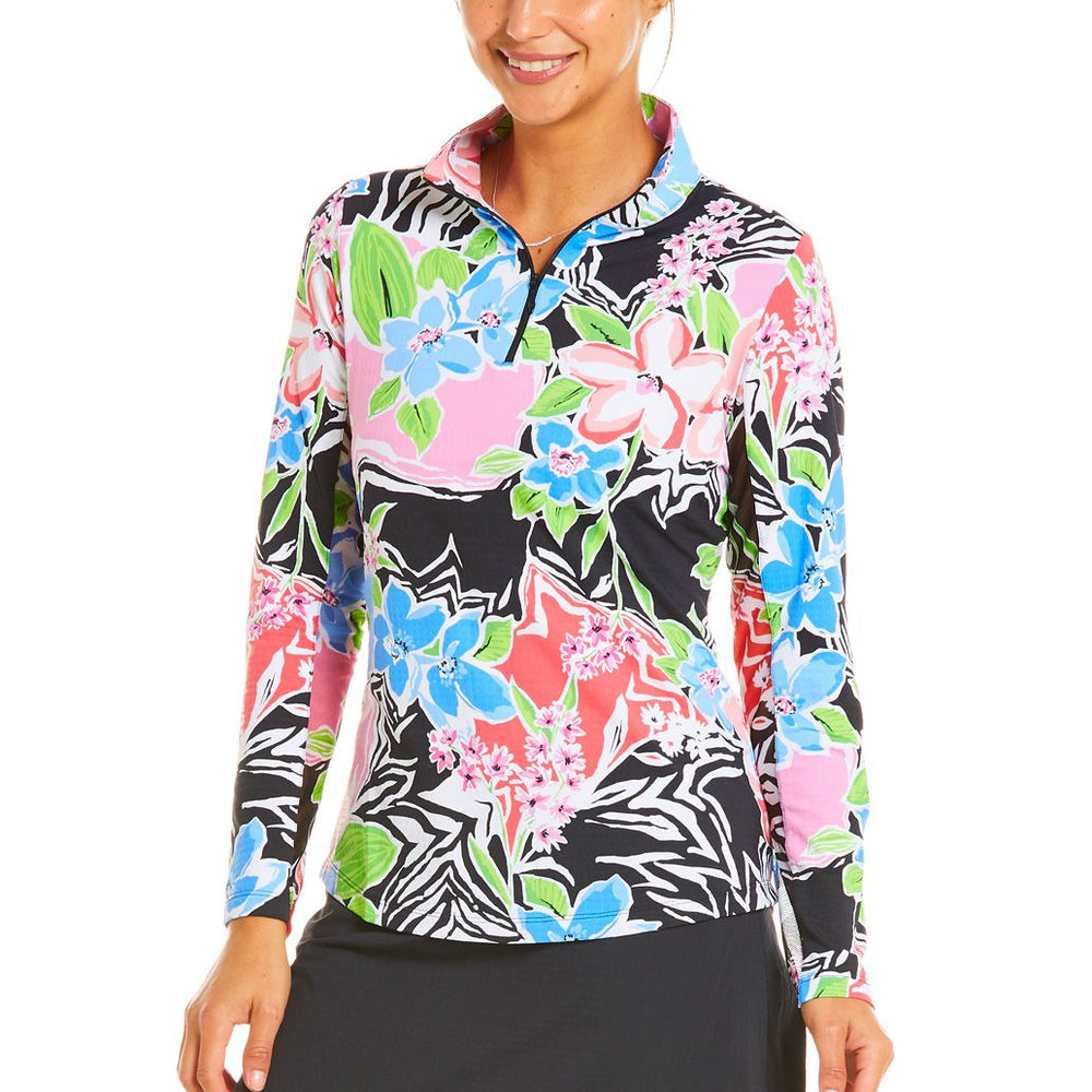 Ibkul Icifil Long Sleeve Sun Shirt: Amelia Black/ Multi Print Zip Mock - SPF 50