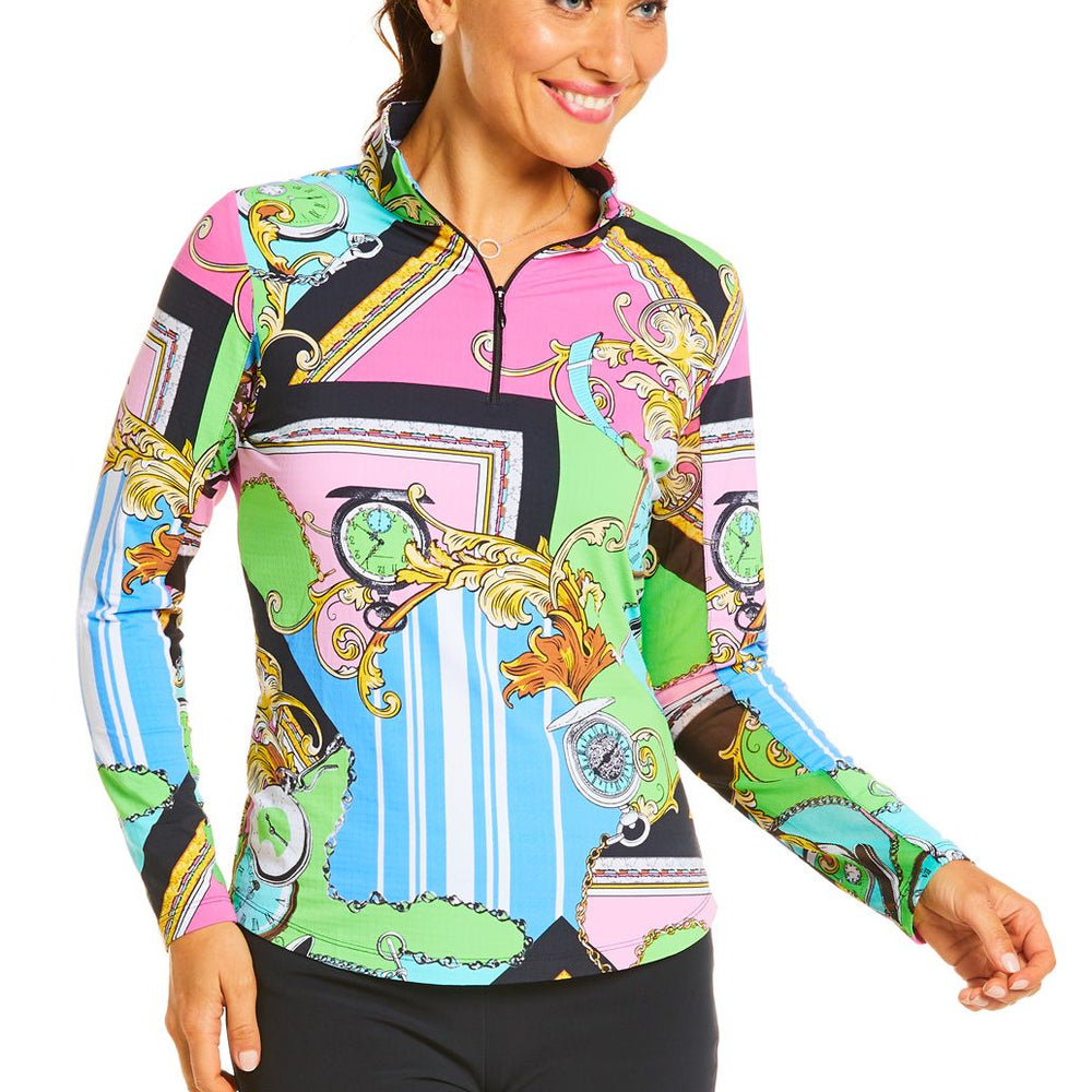 Ibkul Icifil Long Sleeve Sun Shirt: Time Out Green/Pink  Print Zip Mock - SPF 50