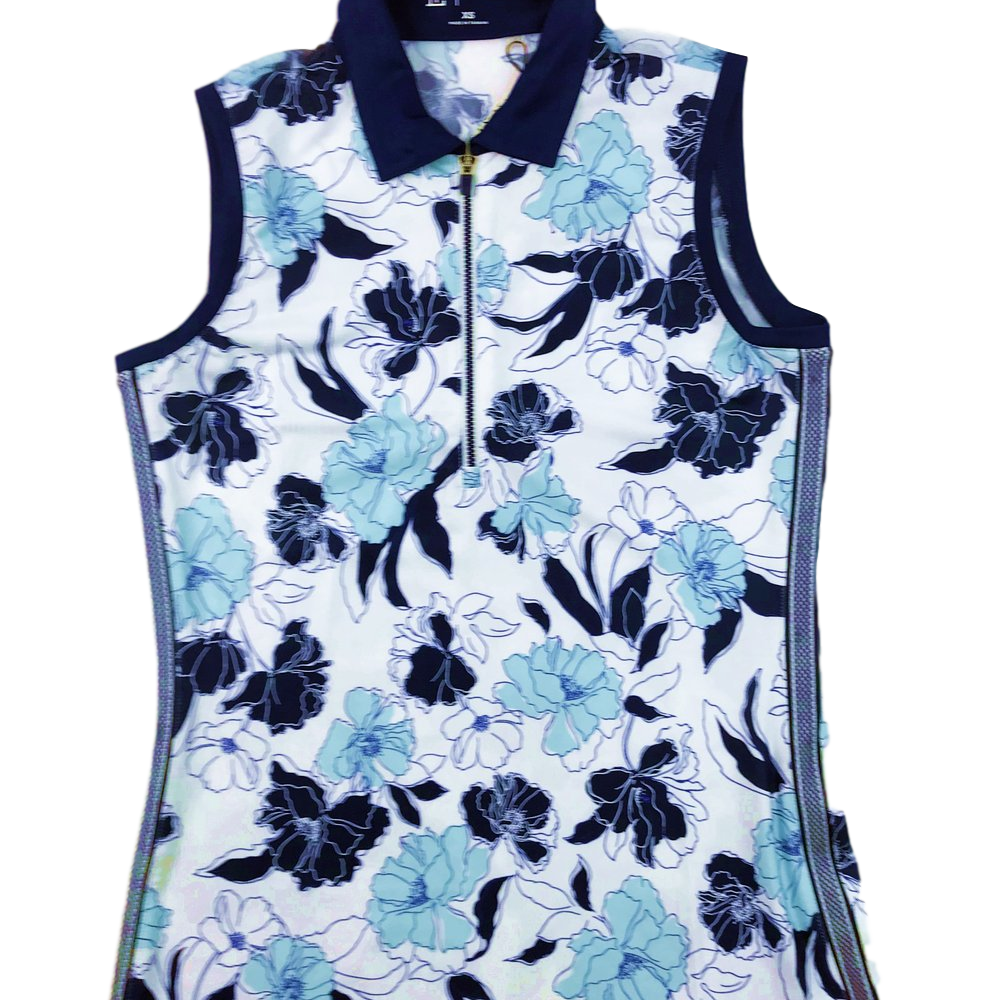 EP NY Stencil Floral Print Zip Mock Polo Sleeveless