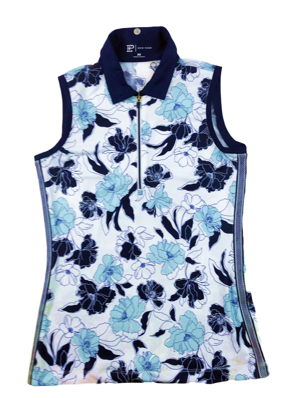 EP NY Stencil Floral Print Zip Mock Polo Sleeveless