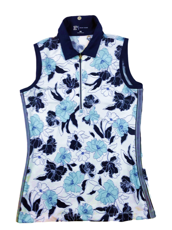 EP NY Stencil Floral Print Zip Mock Polo Sleeveless