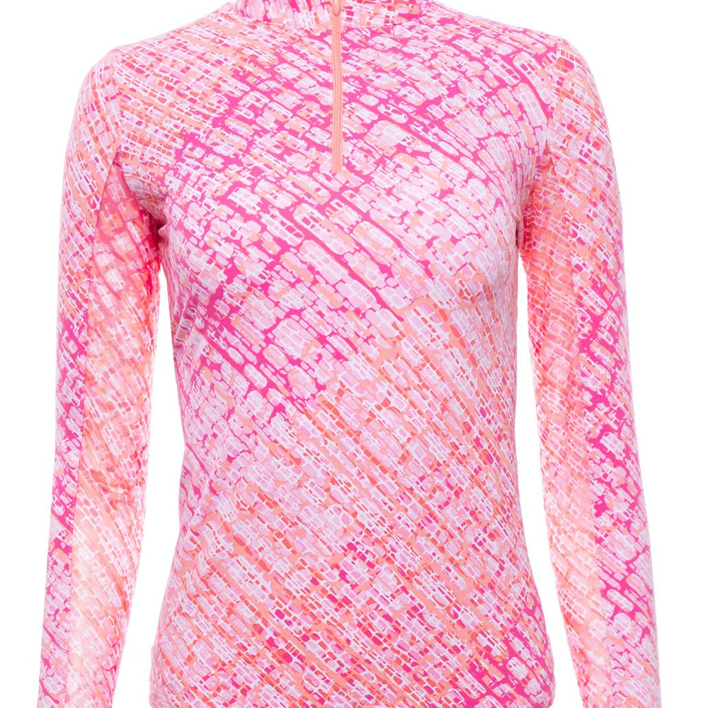 Ibkul Long Sleeve Mock: Liz Pink/Coral Print | SPF 50