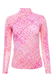  Ibkul Long Sleeve Mock: Liz Pink/Coral Print | SPF 50