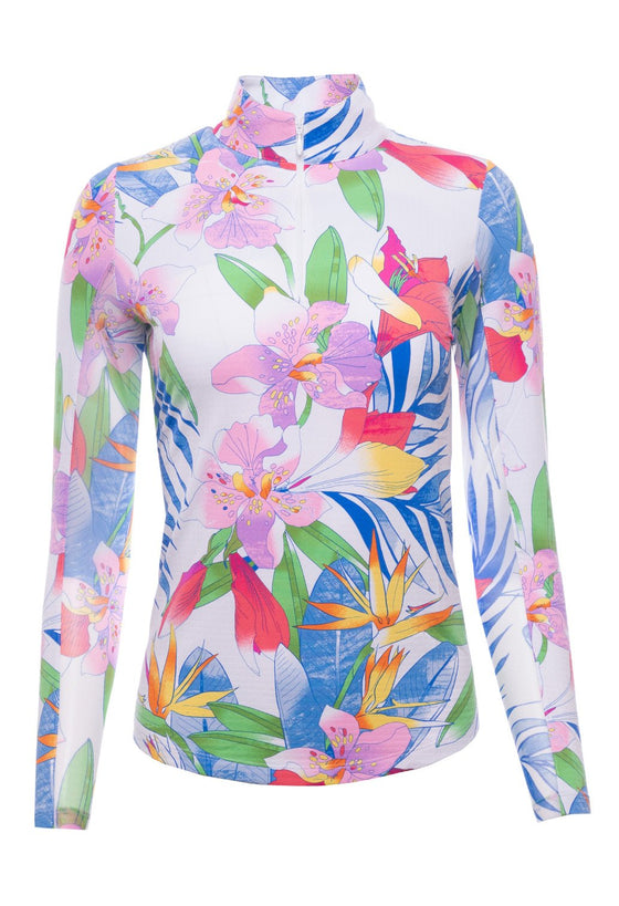 Ibkul Long Sleeve Mock: Rio White Print | SPF 50