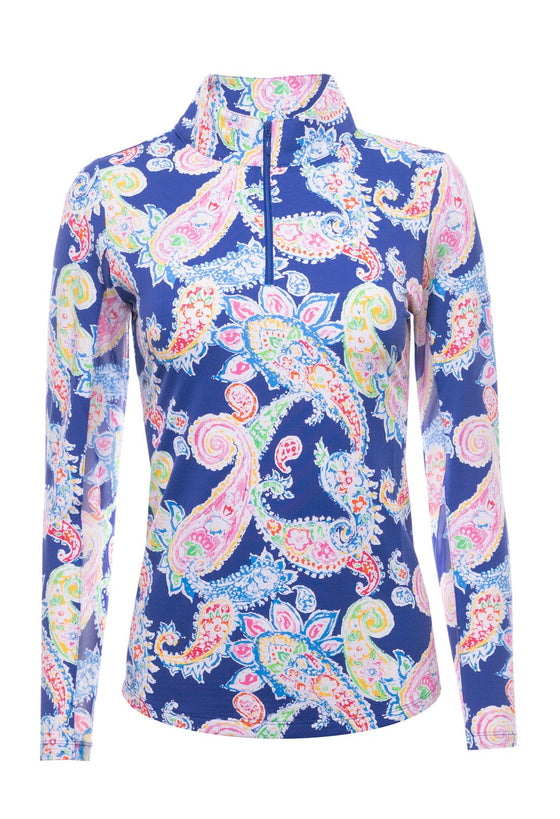 Ibkul Long Sleeve Mock: Sharon Navy Print | SPF 50