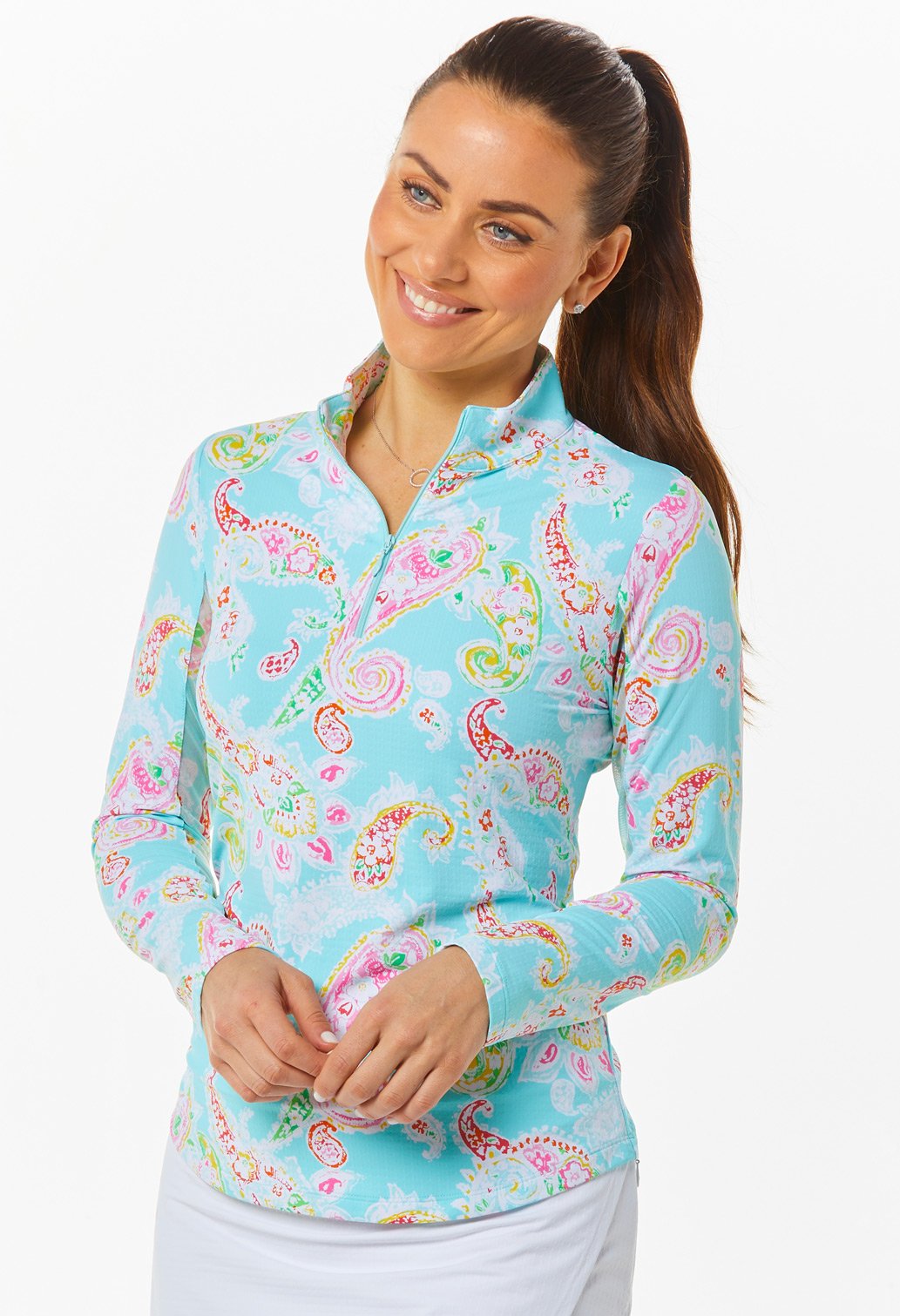 Ibkul Long Sleeve Mock: Sharon Seafoam Print | SPF 50