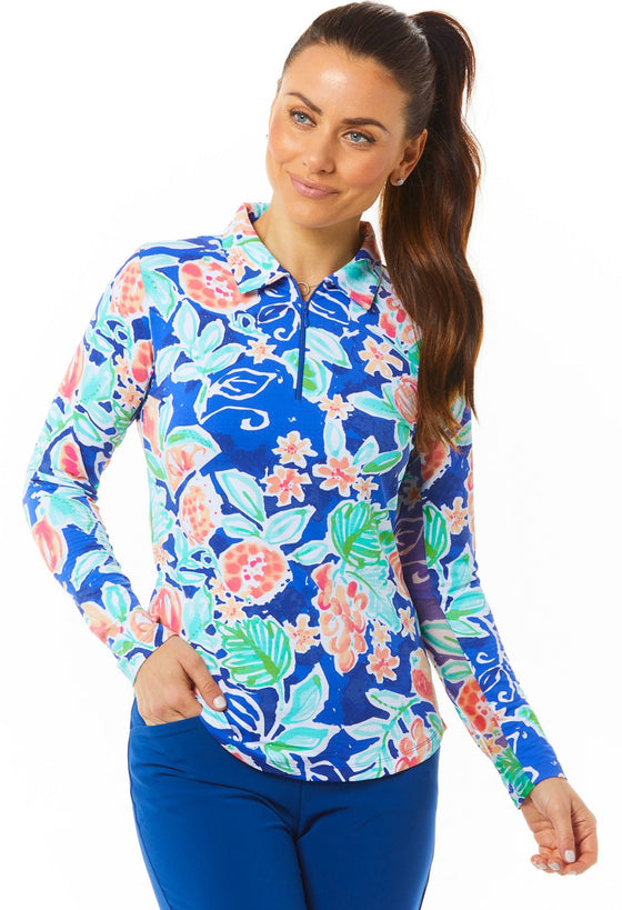 Ibkul Long Sleeve Mock: Tutti Navy Print | SPF 50