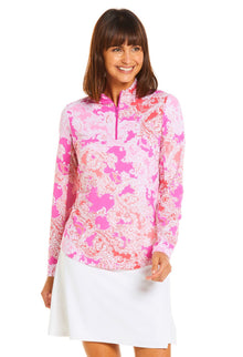  Ibkul Icifil Long Sleeve Sun Shirt: Pascha  Pink/Coral  Print Zip Mock - SPF 50