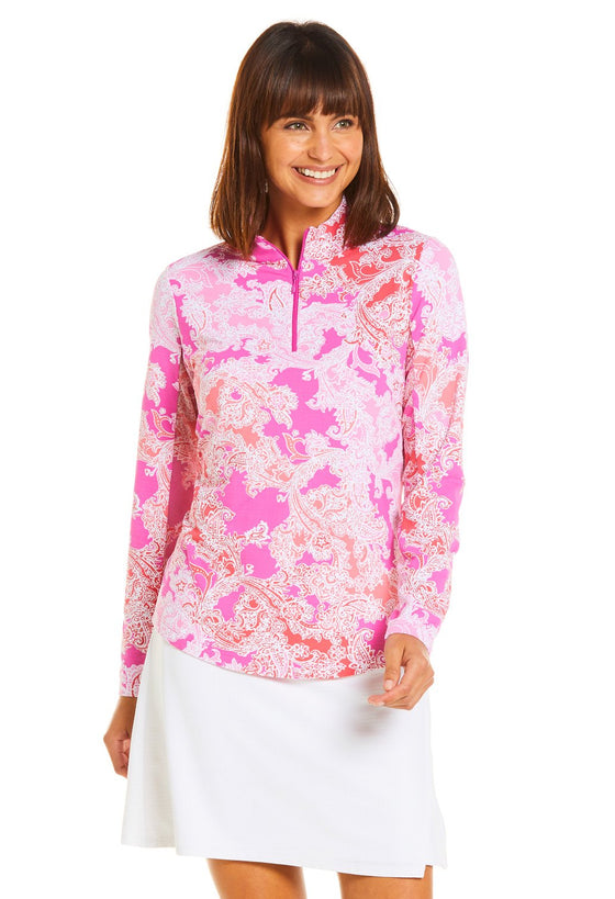 Ibkul Icifil Long Sleeve Sun Shirt: Pascha  Pink/Coral  Print Zip Mock - SPF 50