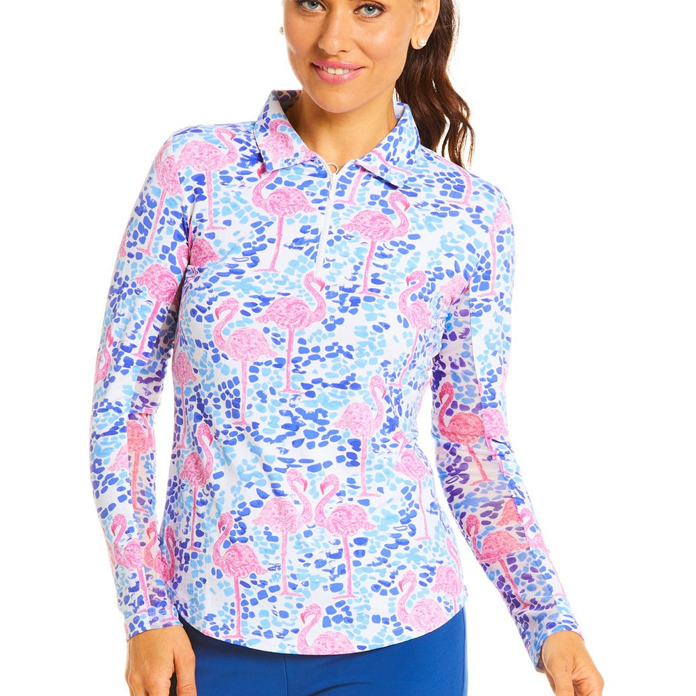Ibkul Icifil Long Sleeve Sun Shirt: Flamingo Blue/Pink Print Zip Mock - SPF 50