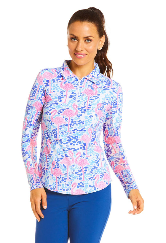 Ibkul Icifil Long Sleeve Sun Shirt: Flamingo Blue/Pink Print Zip Mock - SPF 50