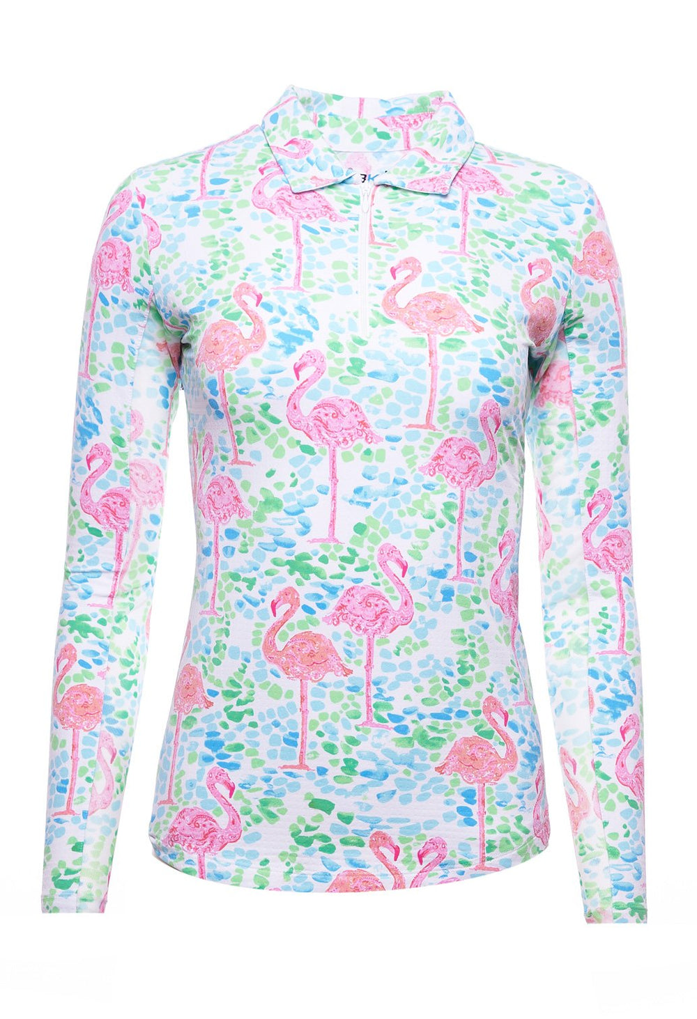 Ibkul Icifil Long Sleeve Sun Shirt: Flamingo Turquoise/Pink Print Zip Mock - SPF 50