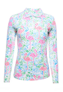  Ibkul Icifil Long Sleeve Sun Shirt: Flamingo Turquoise/Pink Print Zip Mock - SPF 50