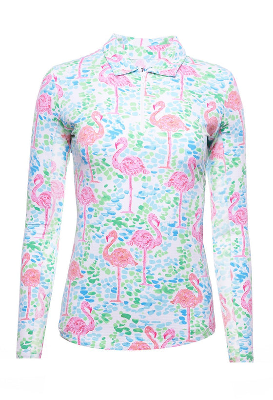 Ibkul Icifil Long Sleeve Sun Shirt: Flamingo Turquoise/Pink Print Zip Mock - SPF 50