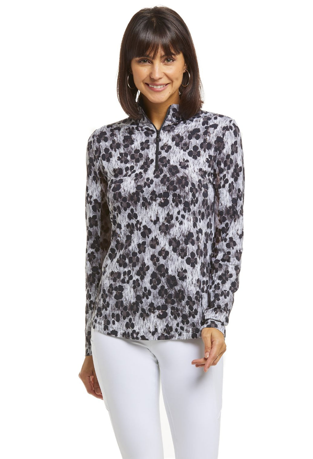 Ibkul Icifil Long Sleeve Sun Shirt:  Zip Mock - Le Leopard  Black/ Grey