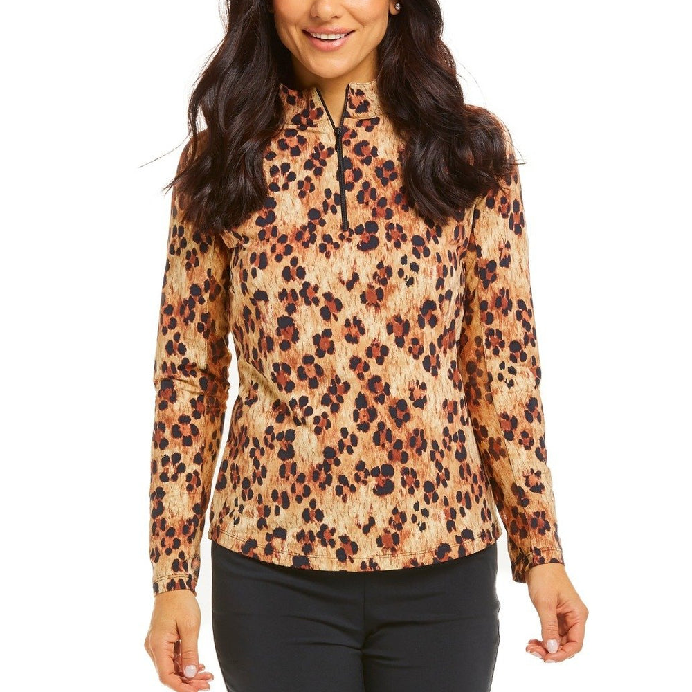 Ibkul Icifil Long Sleeve Sun Shirt:  Zip Mock -Le Leopard- Natural/ Black