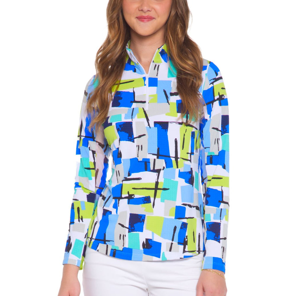 Ibkul Mondrian Long Sleeve  Zip Mock - SPF 50 Blue / Jade