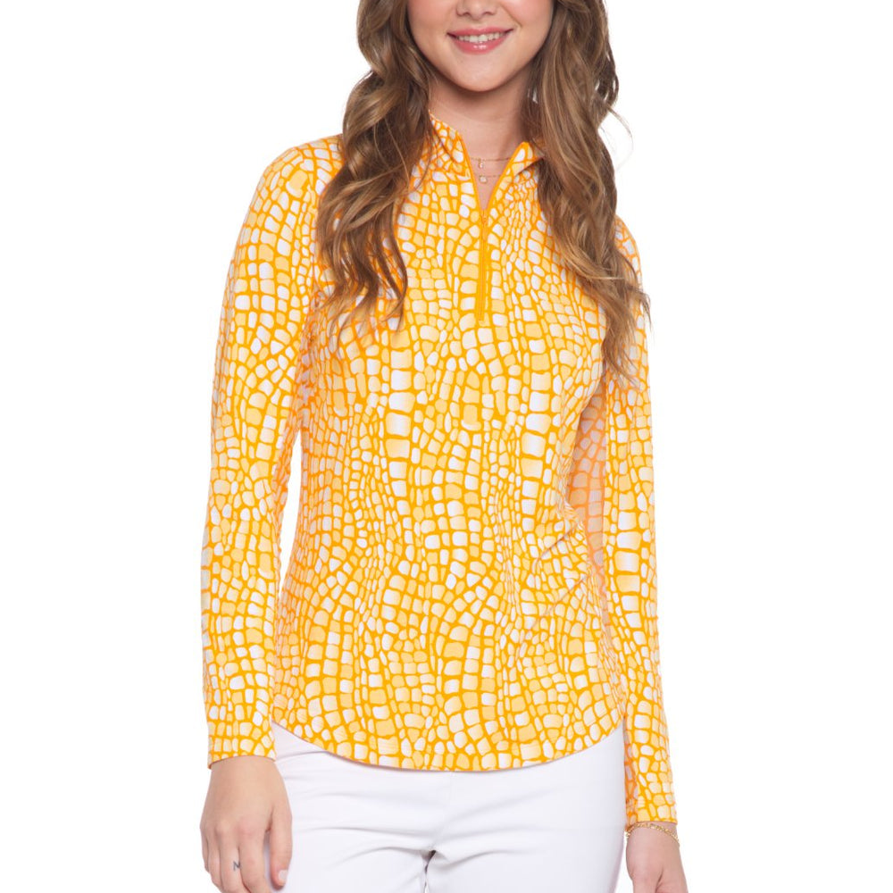 Ibkul  Long Sleeve  Zip Mock -  Carie  Orange Peel SPF 50