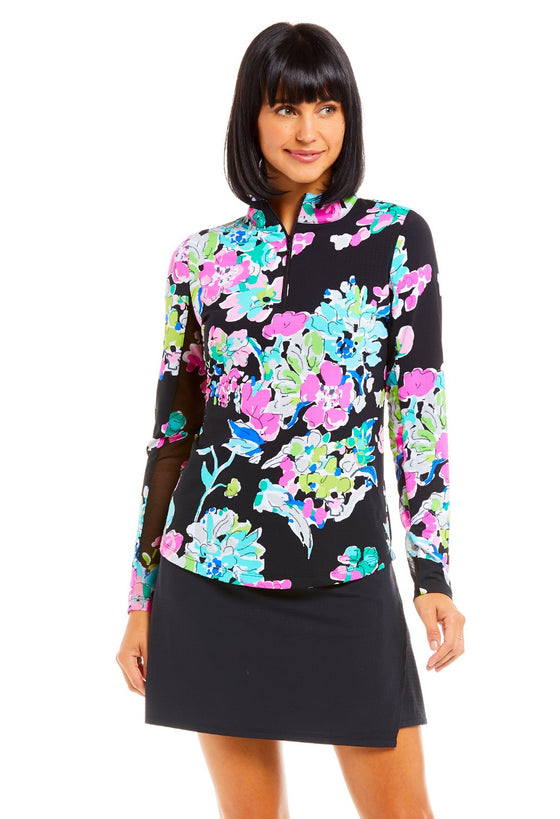 Ibkul Flora Black/ Multi Long Sleeve  Zip Mock - SPF 50