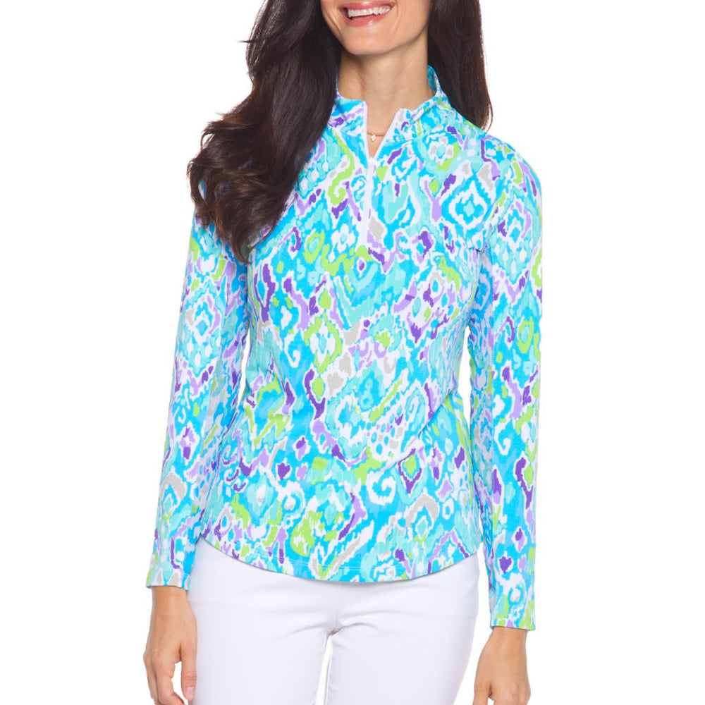 Ibkul Tillie Long Sleeve  Zip Mock - SPF 50 Jade / Lavender