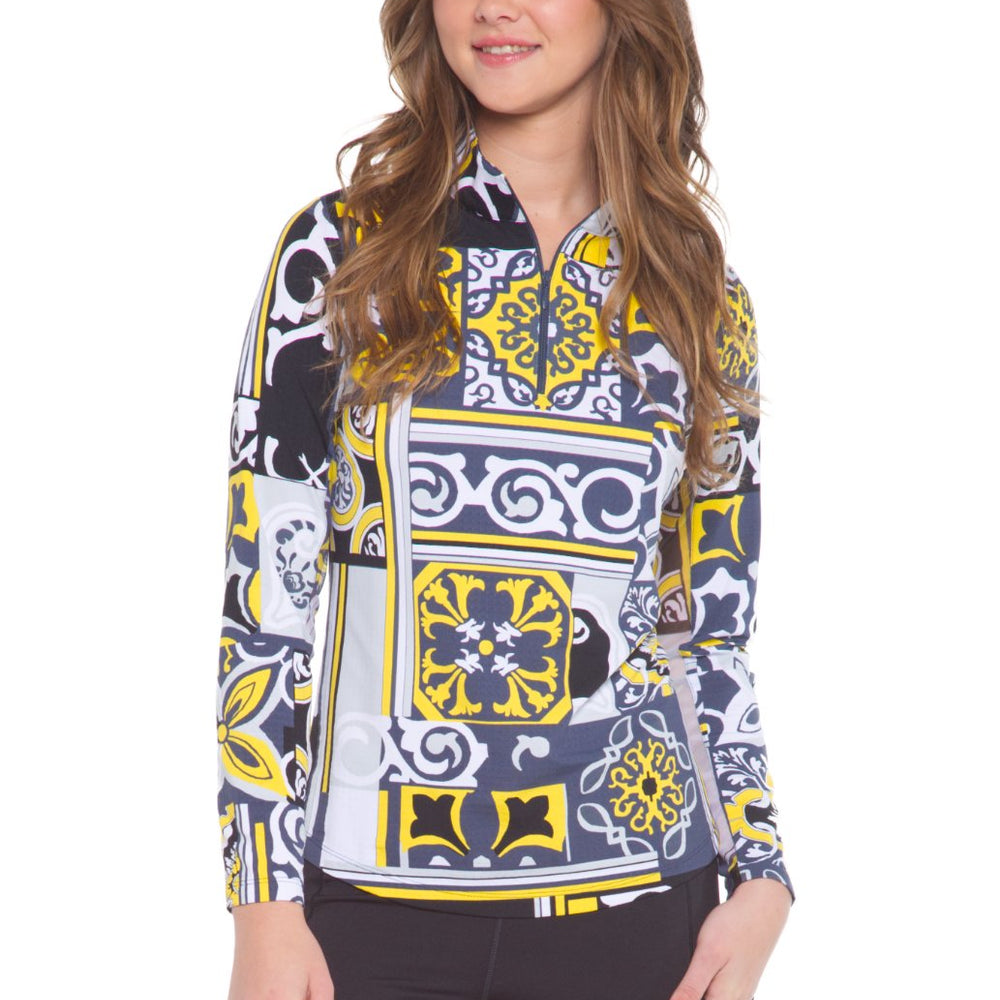 Ibkul Alice Long Sleeve  Zip Mock - SPF 50  Charcoal/ Yellow