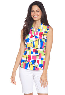  Ibkul Sleeveless Zip Mock w/ Ruffles- Mondrian Multi