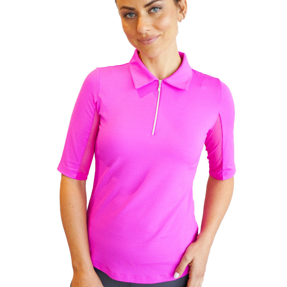 Ibkul   Womens Elbow sleeve Zip Polo    Hot Pink