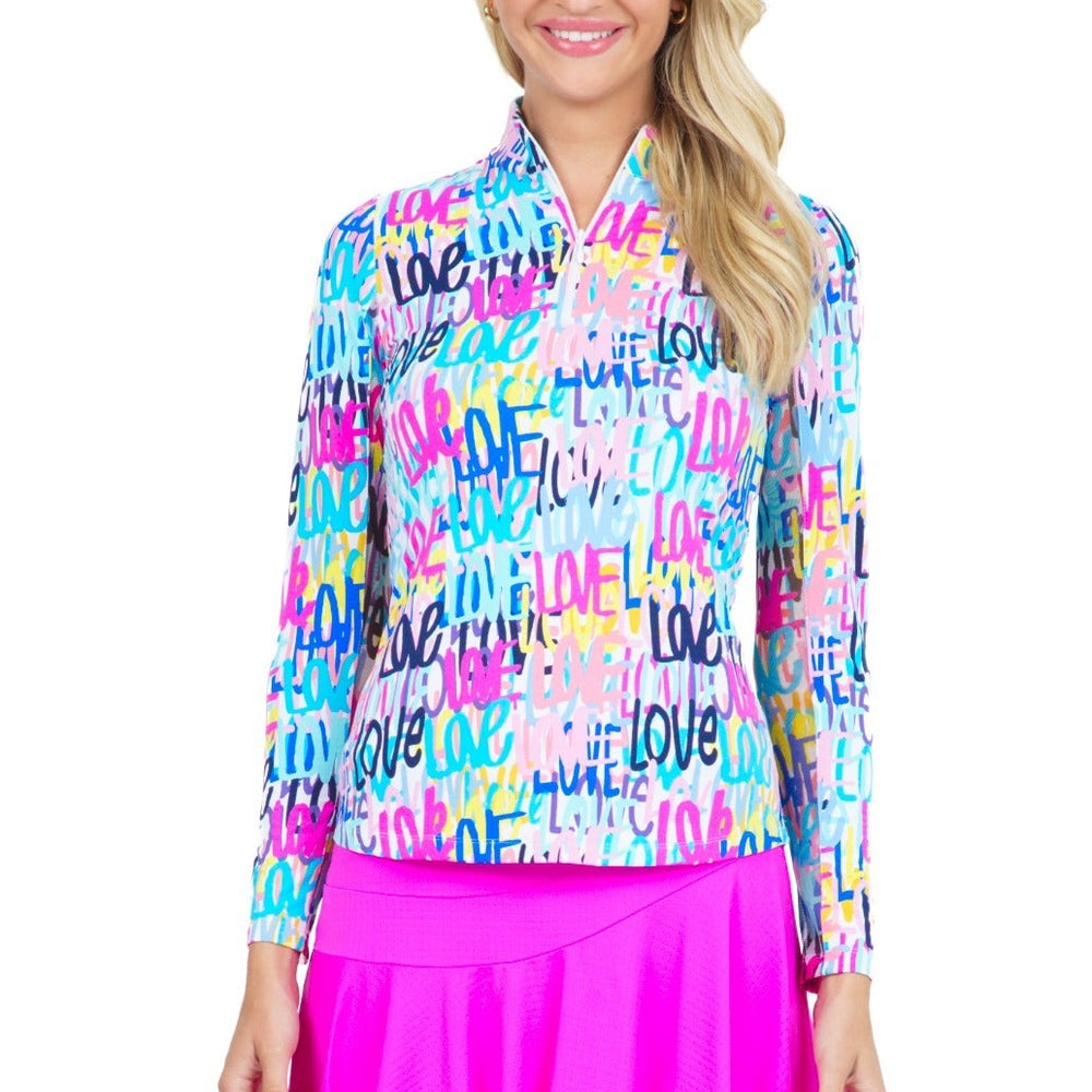 Ibkul Long Sleeve  Zip Mock LIMITED EDITION SERIES,- AIMEE-HOT PINK/MULTI-  SPF 50