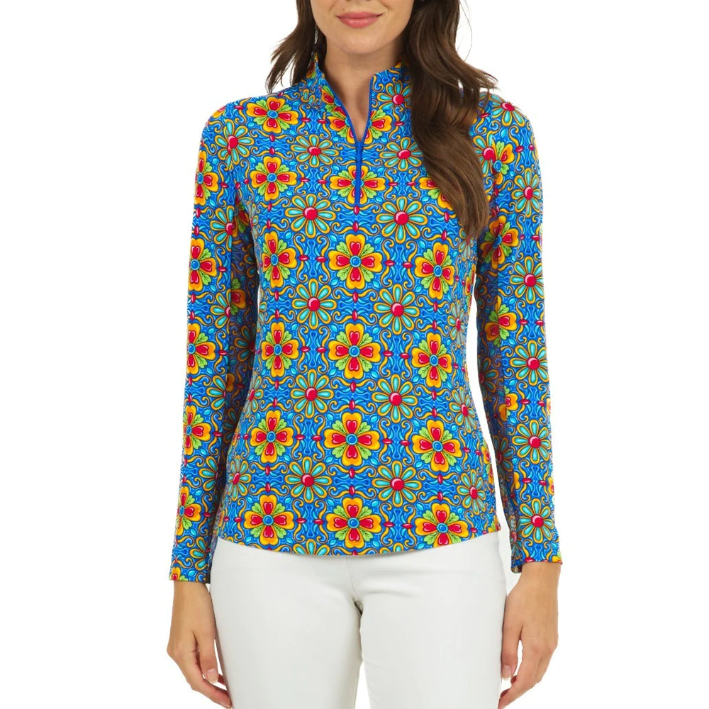 Ibkul Long Sleeve  Zip Mock  SCARLET Blue / Multi - SPF 50