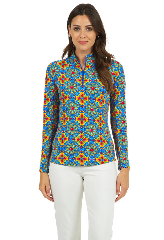 Ibkul Long Sleeve  Zip Mock  SCARLET Blue / Multi - SPF 50