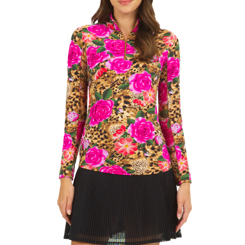Ibkul  Long Sleeve  Zip Mock Jovanna Tan/Hot Pink  SPF 50