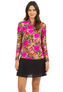  Ibkul  Long Sleeve  Zip Mock Jovanna Tan/Hot Pink  SPF 50