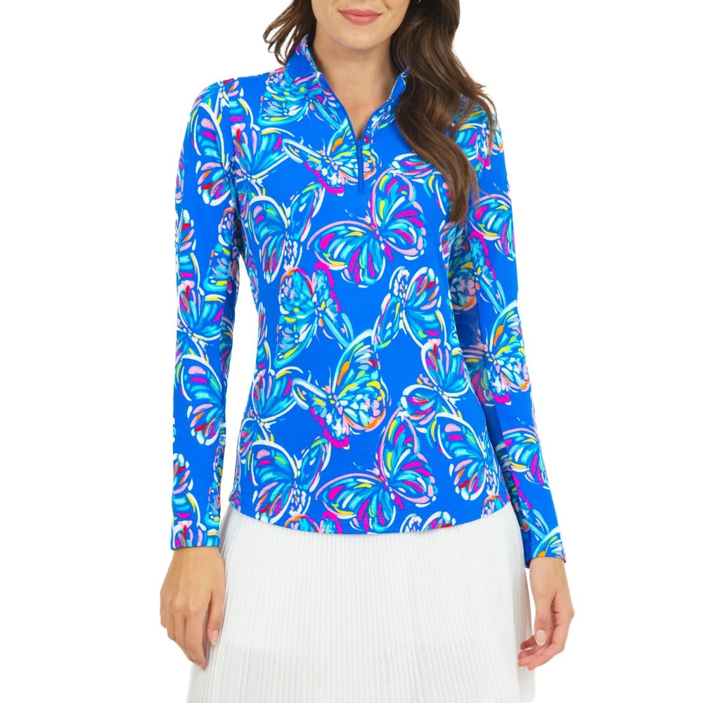 Ibkul  Long Sleeve  Zip Mock VALENTINA  Blue/ Multi  SPF 50