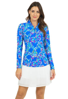  Ibkul  Long Sleeve  Zip Mock VALENTINA  Blue/ Multi  SPF 50