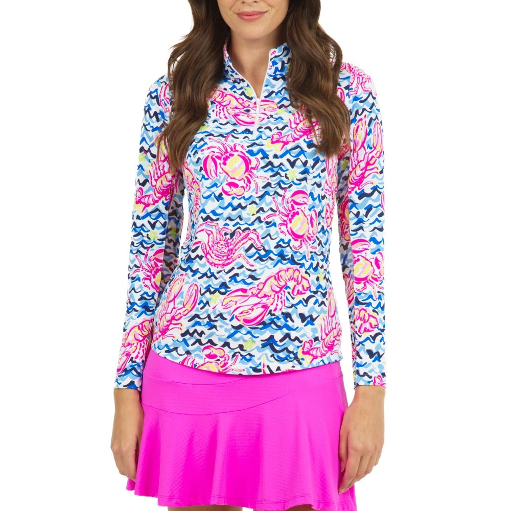 Ibkul BONNIE Long Sleeve  Zip Mock - HOT PINK/ YELLOW- SPF 50