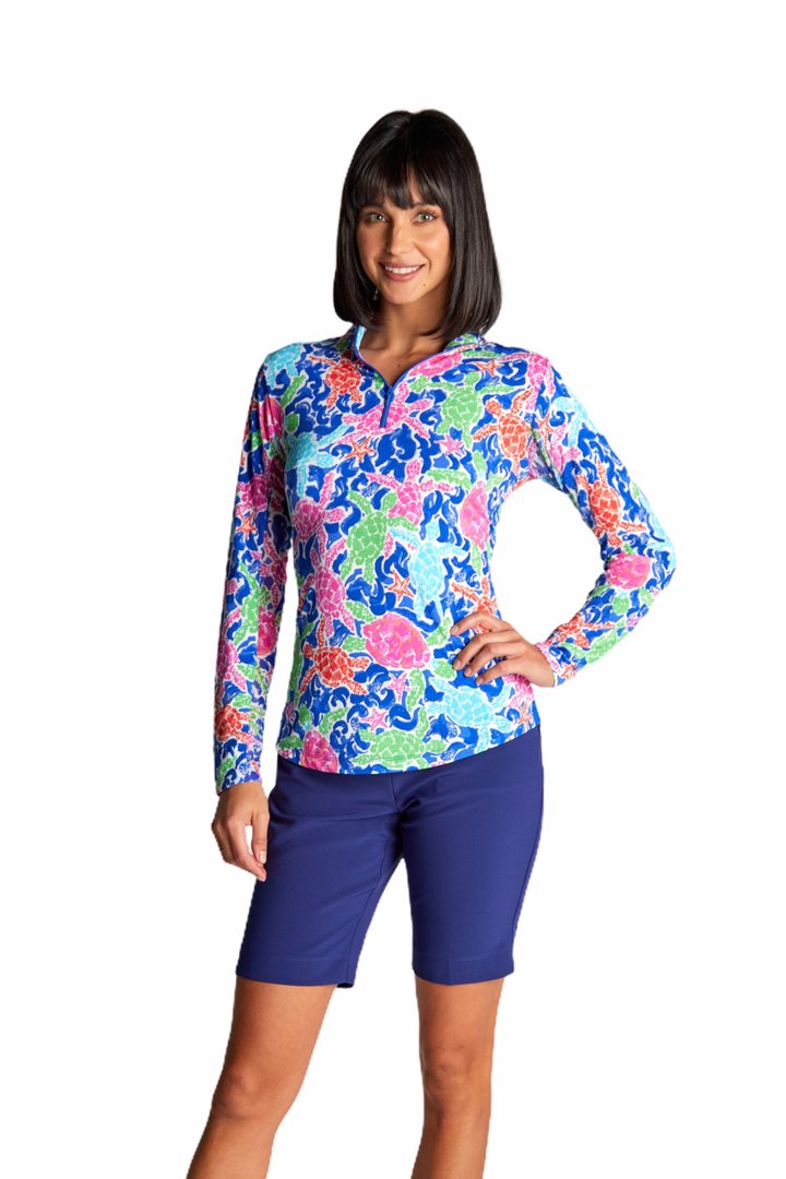 Gottex Mock Neck Sun Shirt -Turtles  Navy