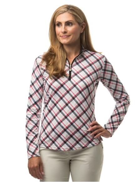 SanSoleil SolCool Print Zip Mock. 900463 Avery Plaid Black | SPF 50