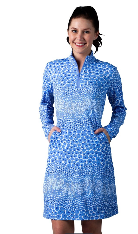 Sansoleil Long Sleeve Zip Mock Dress Garland Cornflower Blue | SPF 50