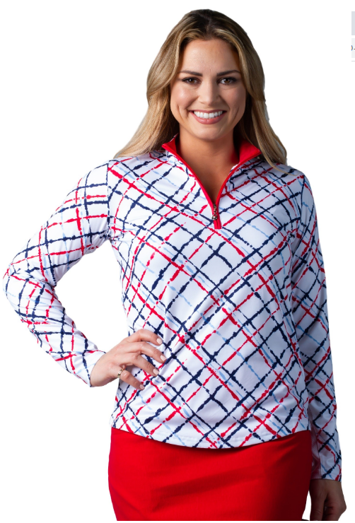 SanSoleil SolCool Print Zip Mock. 900463 Hampton Plaid| SPF 50