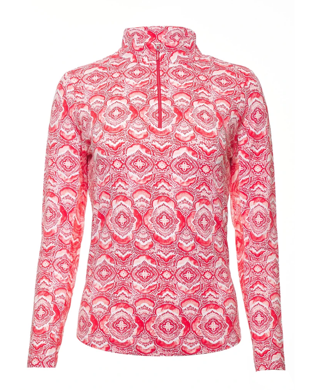 Ibkul Long Sleeve Zip Mock: Venetian Tiles Print Melon | SPF 50