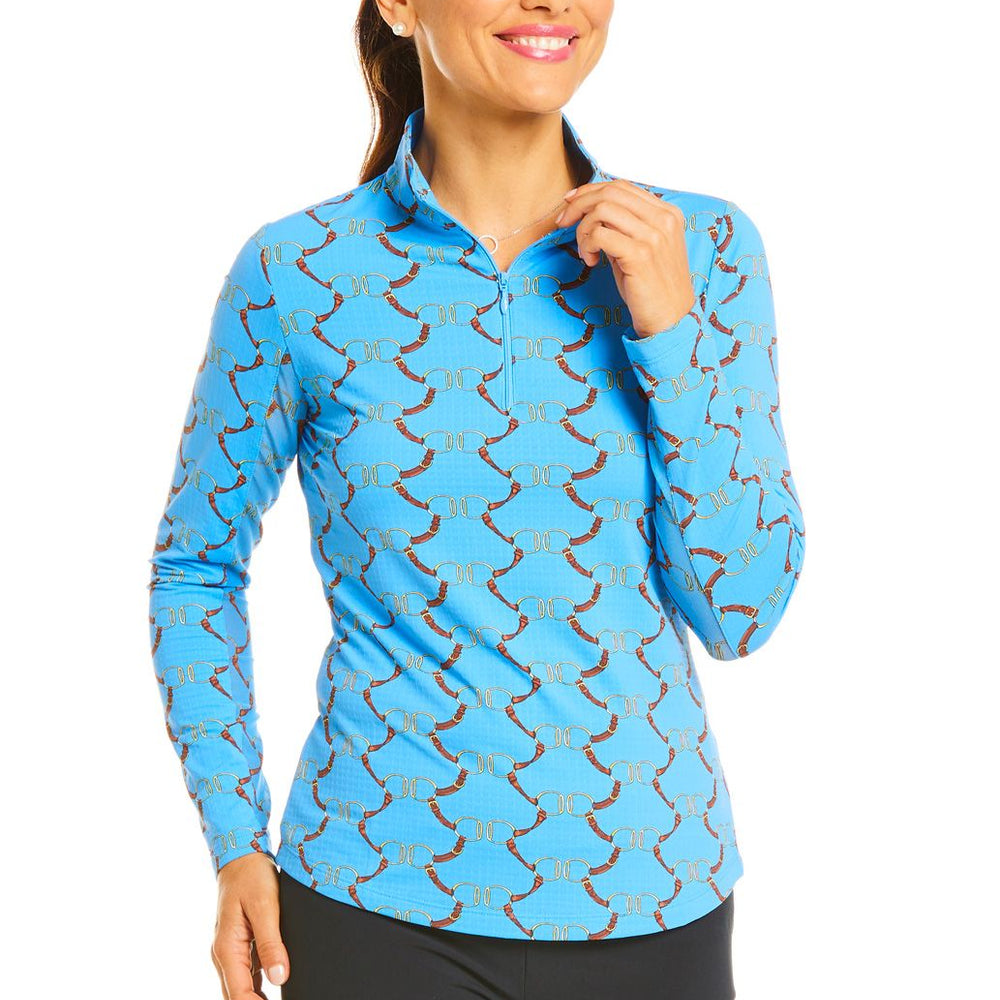 Ibkul Icifil Long Sleeve Sun Shirt: Belmont Blue  Print Zip Mock - SPF 50